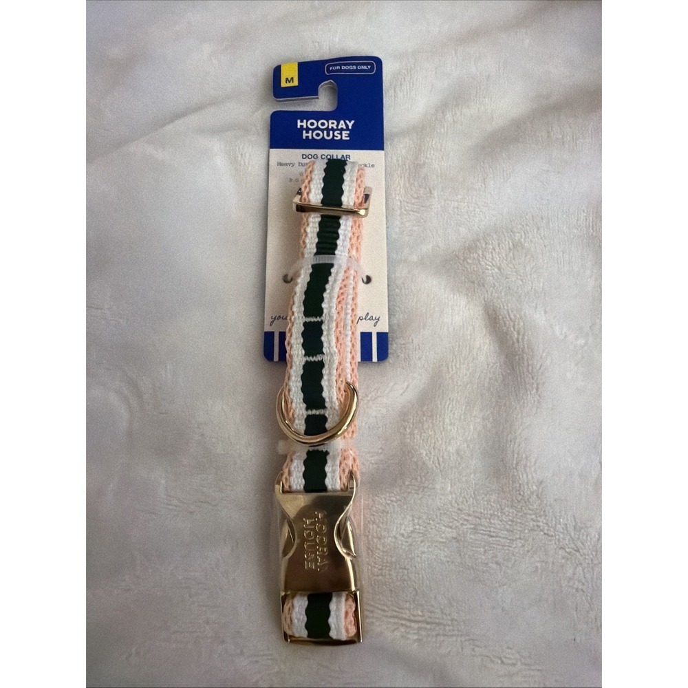 Hooray House Pink White Green Striped Dog Collar Size M Gold Buckle NEW